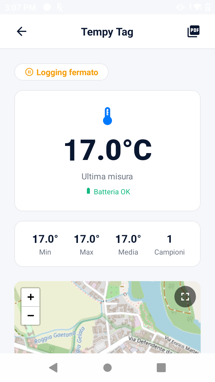 Dashboard TempyTag con temperatura attuale, minimi, massimi, media e mappa