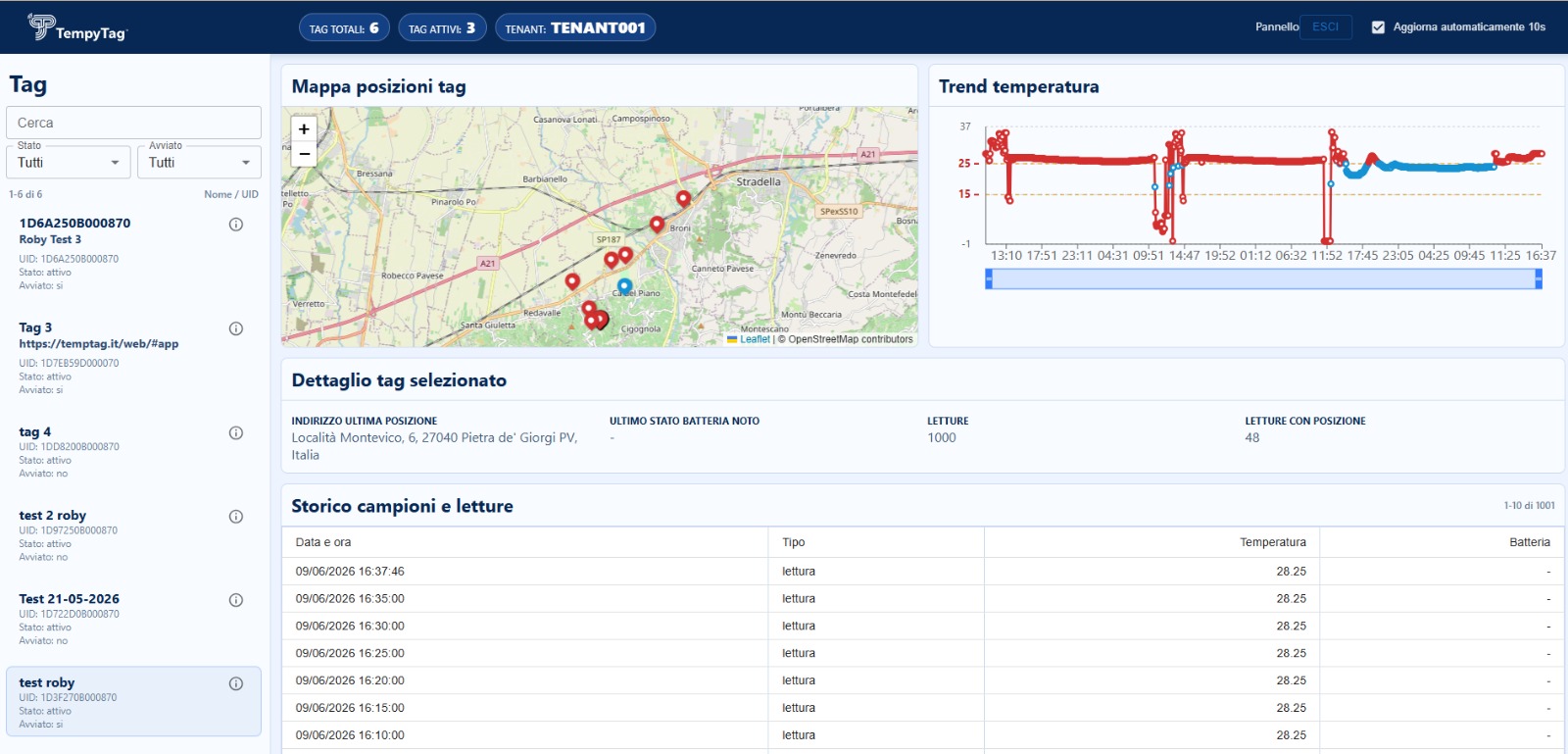 Dashboard web app TempyTag: mappa posizioni tag, trend temperatura, dettaglio tag e storico campioni